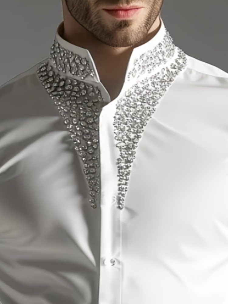 Mandarin Collar Formal Shirt Slim Fit - Camisa de Luxo com Strass para