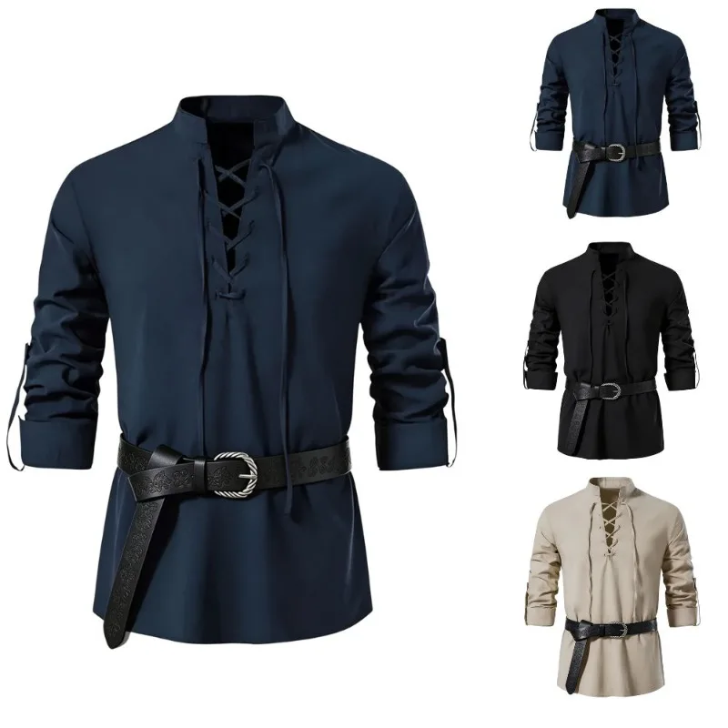 Medieval Gothic Lace Up Pirate Shirt - Camisa Medieval Viking Masculina com Gola