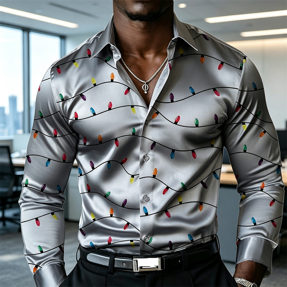 Mens Satin Silk Dress Shirt - Camisa masculina de Natal com estampa