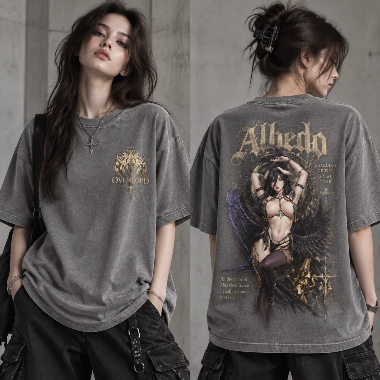 Acid Wash Vintage Graphic T Shirt - Camiseta gráfica Albedo Overlord, camiseta oversized