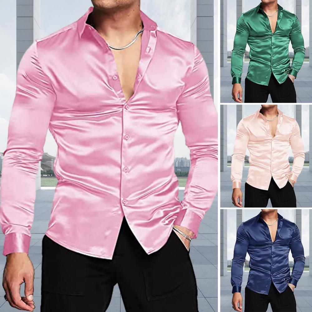 Rosa de seda cetim vestido lux - Mens Satin Silk Dress Shirt avaliação e preço