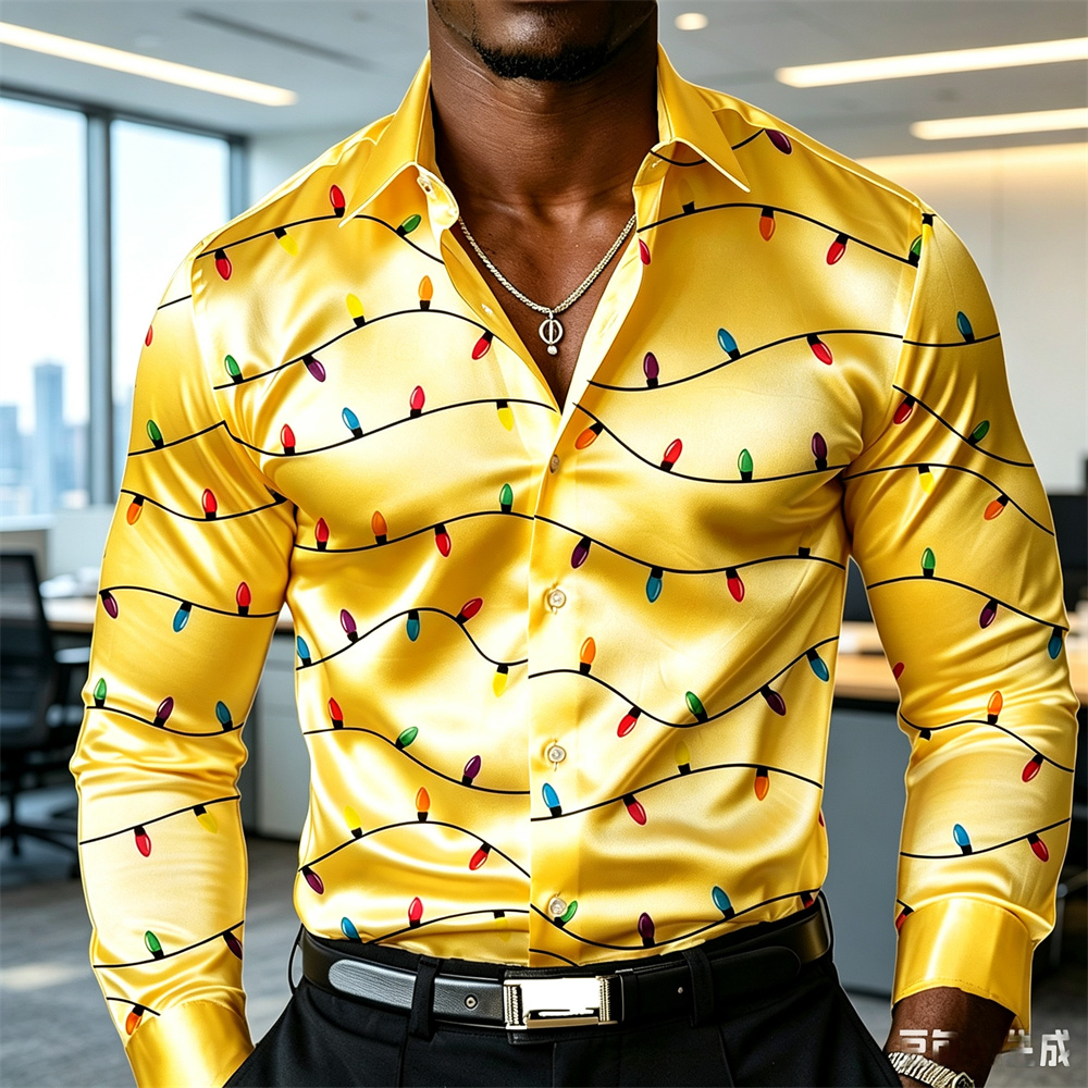Camisa masculina de Natal com  - Mens Satin Silk Dress Shirt avaliação e preço
